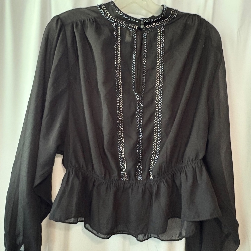 Free People If I Had You Black Sheer Keyhole Opening Beaded Blouse Sz XS B-L